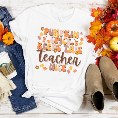 Pumpkin spice keeps this Teacher Nice Teacher Shirt Fall Tee  Fall Shirts  Cute Fall Shirts  Teacher Tees Pumpkin Spice Latte Tee, white Cute Fall Shirts, Slogan Clothing, Fall Graphic Tee, Fall Graphic, Fall Tee, Teacher Tees, Mom Tees, Boots Fall, Pumpkin Spice Latte