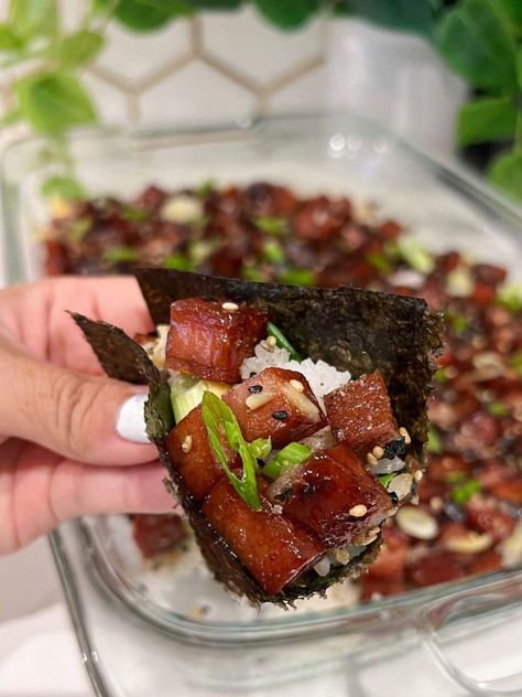 Spam Musubi Bake - FeedMi Spam Musubi In A Bowl, Spam Mitsubishi Bowl, Spam Japanese Recipes, Best Spam Musubi Recipe, Spam Musubi Casserole, Musubi Sauce Recipes, Span Musubi, Spam And Rice Wrapped In Seaweed, Japanese Spam Recipe