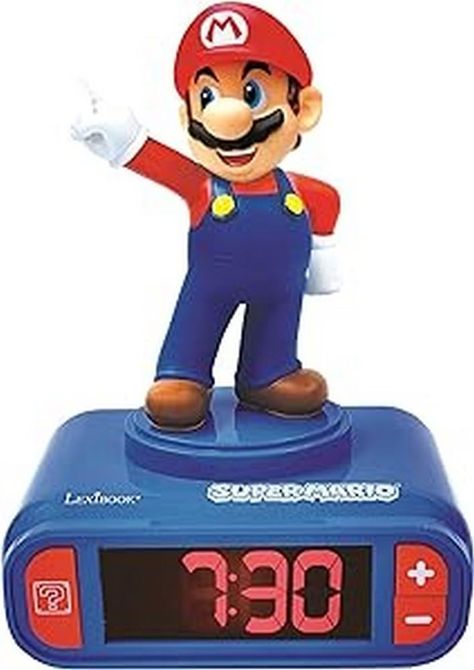 PRICES MAY VARY. a super cool alarm clock for kids with mario! sleep-friendly lcd backlit screen. alarm with adjustable volume and a choice of super mario inspired ringtones. perfect to wake up ready for action! easy to use: the alarm can be stopped with a simple press on the top of the clock or mario character. snooze function..power supply: 3 x aa / lr6 batteries (not included) with low battery indicator..dimensions: 13.5 x 9 x 18.2 (h) cm.button to play funny super mario sounds effects (jumps, coins.) Mario Design, Mario Room, Clock Sound, Mario Y Luigi, Kids Alarm Clock, Light Alarm Clock, Super Mario Games, Charlie Day, Super Mario Party