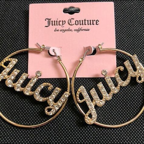 Juicy Couture logo hoops earrings, rhinestones and gold 2000s Accessories, Juicy Couture Clothes, 2000s Jewelry, Couture Earrings, Juicy Couture Earrings, Juicy Couture Logo, Heart Shaped Diamond Ring, Juicy Couture Accessories, Y2k Accessories