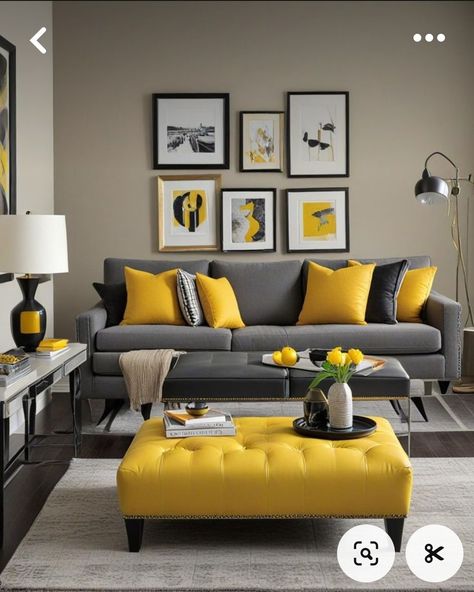 Living Room Inspiration Grey Sofa, Grey Yellow Aesthetic, Black And Yellow Living Room Ideas, Grey And Mustard Living Room, Grey Yellow Living Room, Yellow And Grey Bedroom, Yellow Living Room Ideas, Mustard Living Rooms, Yellow Ottoman