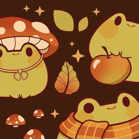 Christmas Frog Wallpaper, Frog And Mushroom Art, Aesthetic Fall Widgets, Frog Core, Frog Background, Frogs And Mushrooms, Autumn Pfp, Adorable Doodles, October Moodboard