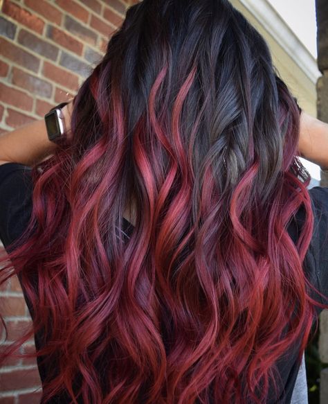 Ombre Hair With Highlights, Crimson Red Hair, Cherry Brown Hair, Hair Color Red Ombre, Red Balayage Hair, Black Red Hair, Red Ombre Hair, Black Hair Balayage, Hair With Highlights