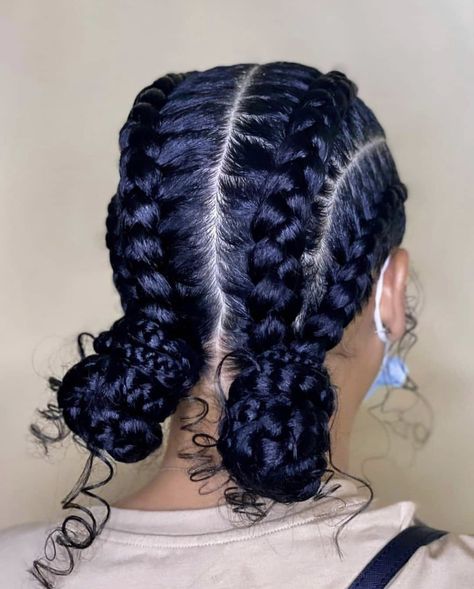 Two French Braids With Buns At End, Camping Hairstyles Black Women, Braid Bun Styles For Black Hair, Easy Braided Hairstyles Black Women, Braids For Labor And Delivery, Vacation Hair Styles For Black Women, 4 Cornrows Braids Natural Hair, Four Braids Cornrow Natural Hair, 4 Braids With Curls