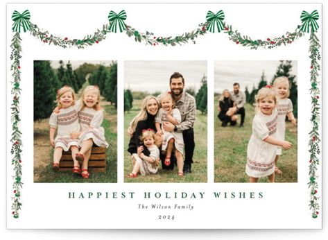 Festive garland and bows decorate the 3 photo Christmas card Christmas Card Ideas Family Photo, Christmas Card Ideas With Kids, Holiday Cards Pictures Family Photos, Holiday Card Photo Ideas, Christmas Cards Pictures, Christmas Card Ideas Picture, Family Christmas Card Pictures, Christmas Post Cards, Christmas Family Pictures