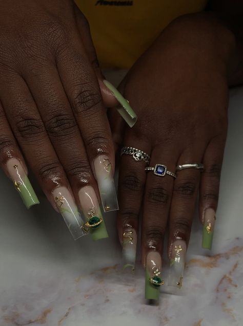 Green French Tips Nails, Sage Green French Tips, Green French Tips, Sage Green Nails, French Tips Nails, Sweet 16 Nails, Quince Nails, Jade Nails, Gold Acrylic Nails