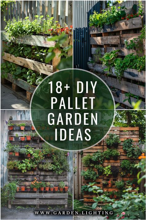 a collage of pictures of a garden with a pallet and a planter Pallet Veggie Garden Diy, Raised Gardens Out Of Pallets, Pallet Board Planters, Pallets Garden Ideas, Unique Raised Garden Beds Diy, Pallet Garden Boxes Raised Beds, Planting In Pallets, Using Pallets For Gardening, Pallet Trellis For Garden