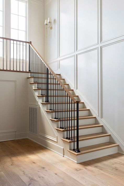 Batton Board Stairway, Wayne Scotting Staircase, Textured Staircase Wall, Bidding On Wall, Wainscoting Up Stairs, Wood Paneling Staircase, Wall Molding Staircase, Stair Moulding Ideas, Paneled Staircase Wall