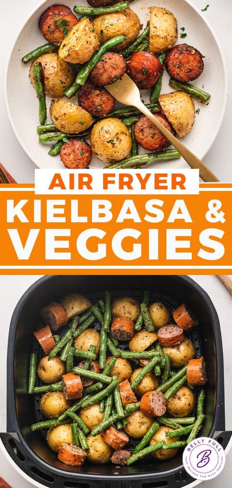 Enjoy an easy, flavor-packed, high-protein meal with this Air Fryer Kielbasa and Veggies recipe. Smoked sausage, tender baby potatoes, and crisp green beans are well seasoned and air-fried to perfection for an all-in-one lunch (or dinner) in just 10 minutes! Air Fryer Smoked Sausage And Potatoes, Air Fryer Kielbasa And Veggies, Air Fryer Recipes Full Meal, Kielbasa Recipes High Protein, Air Fryer Kielbasa Recipes, Keilbasa Recipes Air Fryer, Air Fryer Sausage And Potatoes, Small Air Fryer Recipes Easy, Dash Air Fryer Recipes