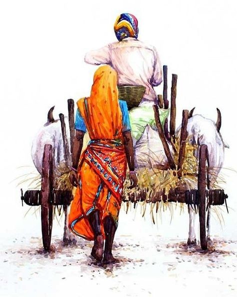 Ox, Farmer, Saree, India, Lifestyle, Art