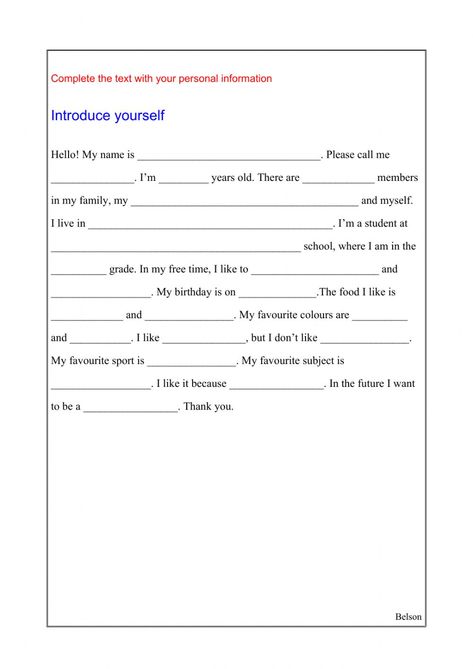 Introduce yourself - Interactive worksheet How To Introduce Yourself In School, Introduce Yourself Ideas, Introduce Yourself Template, Direct And Indirect Speech, Indirect Speech, Grammar English, Future Teacher, Introduce Yourself, Application Letters