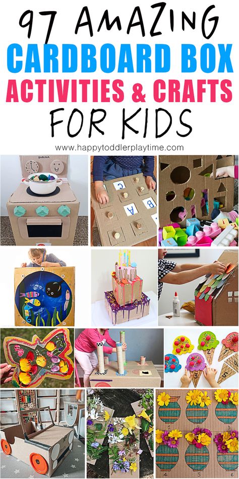 97 Cardboard Box Activities & Crafts for Kids - HAPPY TODDLER PLAYTIME Cardboard Box Activities, Cardboard Box Crafts For Kids, Box Crafts For Kids, Cardboard Boxes Kids, Box Activities, Bus Crafts, Diy Cardboard Toys, Cardboard Play, Cardboard Crafts Kids