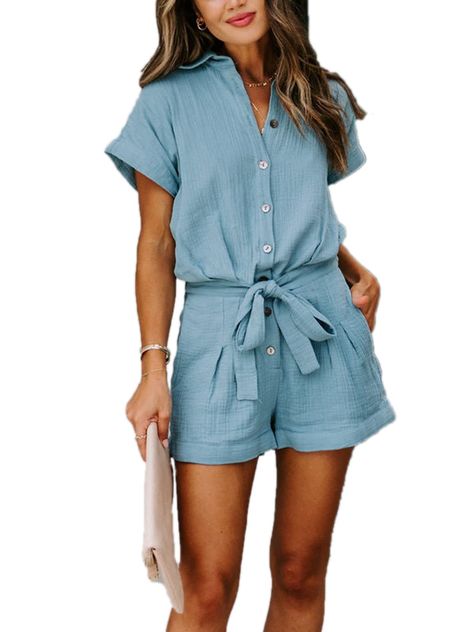 PRICES MAY VARY. Women one piece rompers feature a basic collar, short sleeves and cuffed hem.Cute rompers for women summer. Summer romper for women. Womens rompers with button down front design and pockets providing you an elegant looking. Summer rompers for women casual are made of 100% cotton fabric. Lightweight, soft and comfy. Rompers for women casual. One piece rompers for women. Rompers for women dressy. Casual playsuits rompers with removable self-tie belt at waist. Relaxed loose fitting How To Wear A Blanket Scarf, Casual Playsuit, Solid Color Jumpsuits, Womens Summer Shorts, Short Sleeve Jumpsuits, Scarf Top, Short Sleeve Romper, Belted Shorts, Cute Rompers