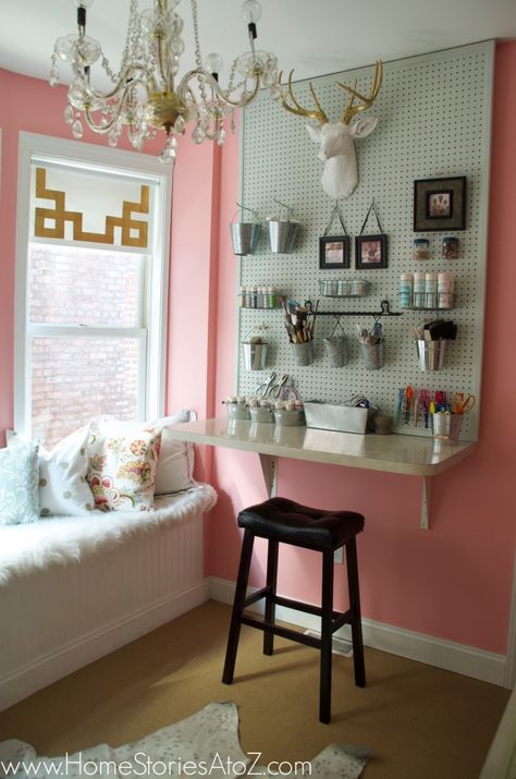 craft room home stories a to z Peg Boards, Small Craft Rooms, Office Crafts, Craft Room Office, Sewing Rooms, Craft Room Organization, Pink Room, White Furniture, Peg Board