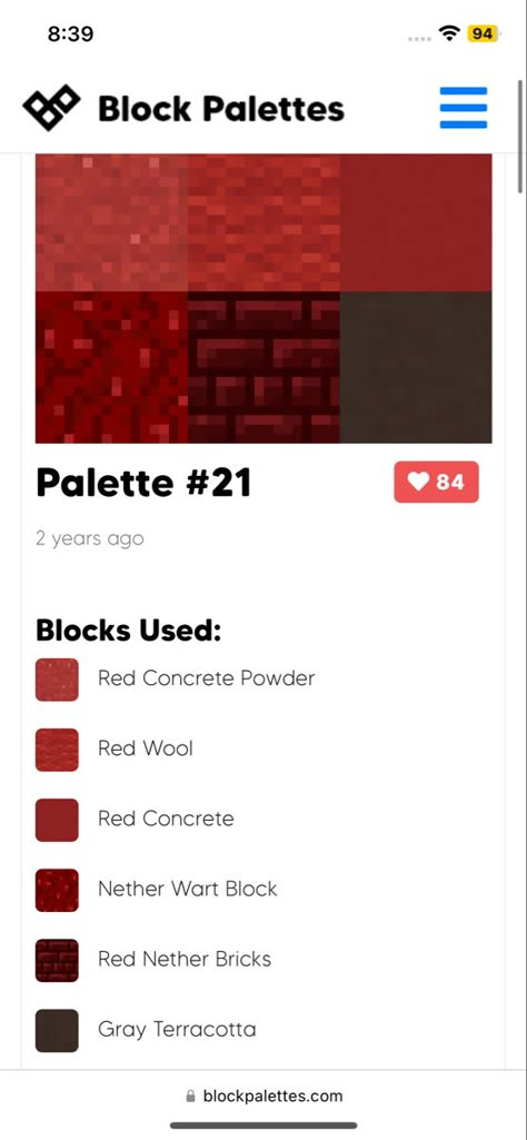 Minecraft Red Banner Designs, Minecraft Red Block Palette, Red Block Pallet Minecraft, Black And Red Minecraft House, Red Minecraft Palette, Minecraft Red Gradient, Minecraft Red Palette, Minecraft Building Color Palette, Nether Block Palette