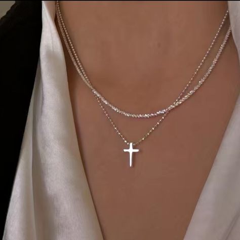 Silver Cross Necklace Aesthetic, Necklace Layering Ideas Silver, Layering Necklaces Silver, Layered Silver Necklaces, Cross Necklace Aesthetic, Silver Necklaces Layered, Farewell Dance, Silver Necklace Stack, Silver Layered Necklaces