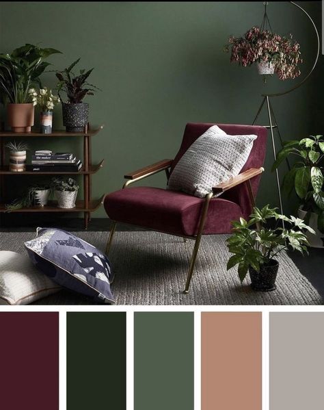 Simple Elegant Living Room Ideas, Green Room Grey Furniture, Dark Green Bedroom Palette, Sage And Burgundy Bedroom, Edgy Basement, Eclectic Wardrobe Style, Edgy House Decor, Green And Burgundy Living Room, Small Green Living Room