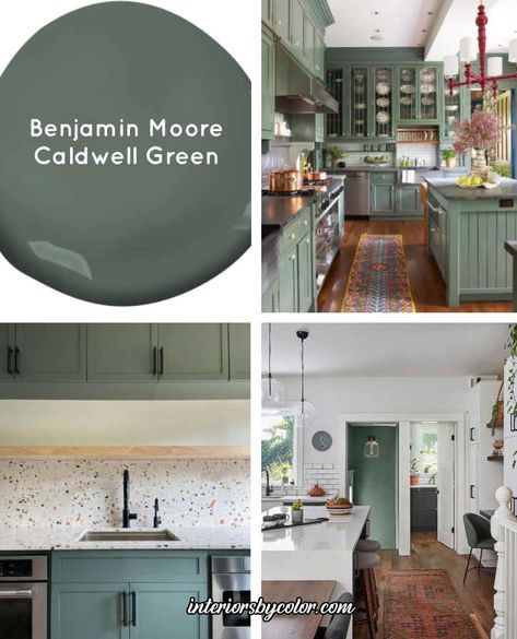 Benjamin Moore Green Cabinets, Caldwell Green Benjamin Moore, Benjamin Moore Caldwell Green, Lakehouse Vibes, Caldwell Green, Green Interior Decor, Green Kitchen Cabinets, Bedroom Redo, Cabinet Paint Colors