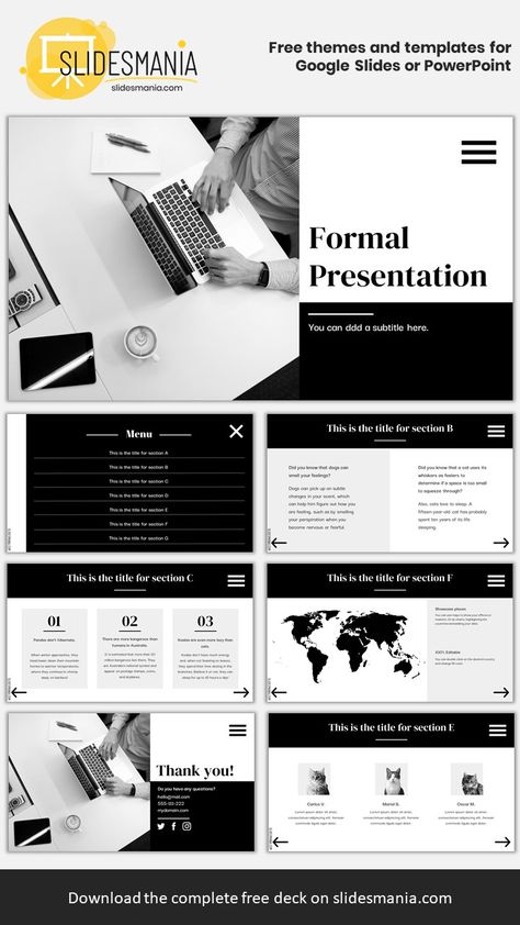 An interactive formal template. FREE for Google Slides or PowerPoint This template can be used for a business presentation, to prepare a lesson with different chapters or even as a weekly planner renaming each section as days of the week. To use it for a business presentation, add your sections titles, for example: Who we are, what we do, our mission, our team, our offices, etc. Formal Template Powerpoint, Formal Powerpoint Design, Formal Template, Formal Presentation, Canva Presentation, Lawyer Quotes, Website Interface, Free Powerpoint Presentations, Sales Presentation