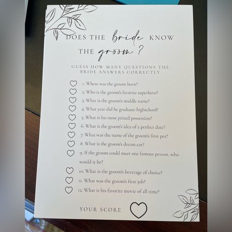 Does The Bride Know The Groom Bridal Shower Game Pack Of 25 Size: 5x7 Matte Paper Stock Back Is Blank Off White / Black Design And Writing Never Used Groom Colours, Sky Wedding, Wedding Shower Games, Bridal Shower Game, Bridal Shower Games, Bridal Shower Decorations, The Groom, Shower Games, Shower Decorations