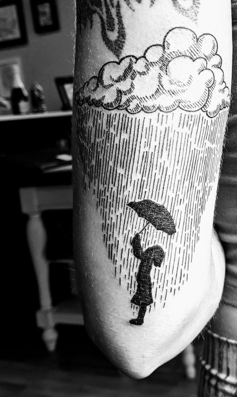 Standing In The Rain Tattoo, Umbrella Storm Tattoo, Rain Tattoo Sleeve, Black Umbrella Tattoo, Cloudy Tattoo Ideas, Rain Umbrella Tattoo, When It Rains It Pours Tattoo, Rain Clouds Tattoo, Raining Cloud Tattoo