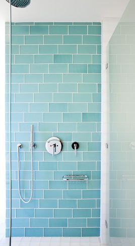 Aqua glass subway tile! Contemporary Bathroom Tiles, Children Bathroom, Blue Tile Floor, Glass Tile Bathroom, Tile Tub Surround, Patterned Bathroom Tiles, Floor Paint Colors, Glass Subway Tile, Decor Baie