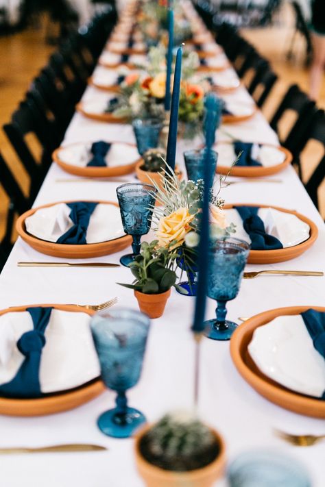 Navy and clay tabletop | Decor/rentals: @partyprorents | photo: @kaileyconquers | #bridesofok #wedding #weddinginspo #tabletops December Wedding Colors, Indigo Wedding, Navy Table, Different Wedding Ideas, Rusting Wedding, Boda Mexicana, December Wedding, Wedding Cakes Vintage, Wedding Theme Colors