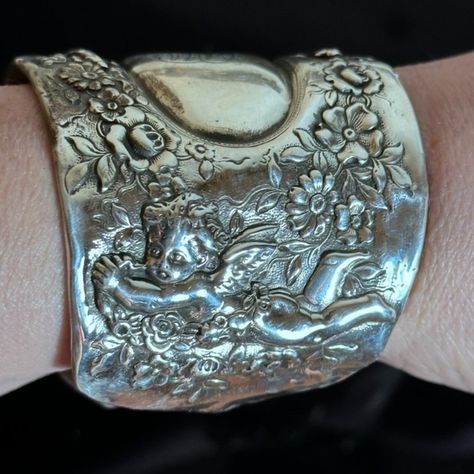 Thank You For Looking At This One Of A Kind Cuff Which Is Repurposed With Rare Antique Tiffany Sterling Silver Repousse That Is Circa 1901. Tiffany Stamps Are Preserved On The Item 80 Grams Solid Sterling Sterling Upcycled, Recycled, Sustainable, Similar To A Spoon Ring, But It Is A Cuff. This Is My Concept And Design But It Is Tiffany And Co Antique Sterling There Is A Monogram , But Not Sure Jmk? 2.25 Inches Wide Fits Wrists 6.5 -7.5 Inch Wrists Cherubs, Putti Antique Tiffany, Spoon Ring, Spoon Rings, Sterling Silver Cuff Bracelet, Tiffany And Co, Sterling Silver Cuff, Silver Cuff Bracelet, Silver Cuff, Rare Antique