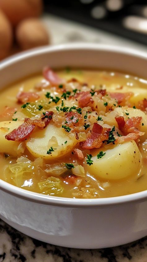 Irish Bacon Cabbage and Potato Soup Cabbage And Potato Soup, Bacon Cabbage, Cabbage Potato Soup, Irish Bacon, Irish Cuisine, Creamed Potatoes, Cabbage Soup, Irish Traditions, Emerald Isle