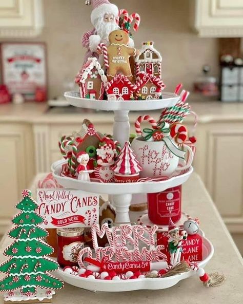 Gingerbread 3 Tier Tray, Gingerbread Tablescape Ideas, 3 Tier Christmas Tray, Candy Cane And Gingerbread Decor, Holiday Tiered Tray Ideas, Candy Cane Tiered Tray, Candy Cane And Gingerbread Christmas Tree, Gingerbread Kitchen Christmas Decor, Christmas Kitchen Wall Decor