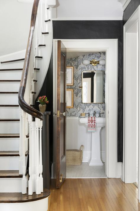 This Is How You Add An Addition To A Historic Home The Right Way (Warning: Beautiful Photos Ahead)￼￼￼￼￼￼ - Emily Henderson Pedestal Sink Powder Room, Jkath Design, Historic Bathroom, Powder Room Wallpaper, Custom Bathroom Vanity, Newly Remodeled Kitchens, Floor Heating Systems, Primary Suite, Wallpaper Ceiling