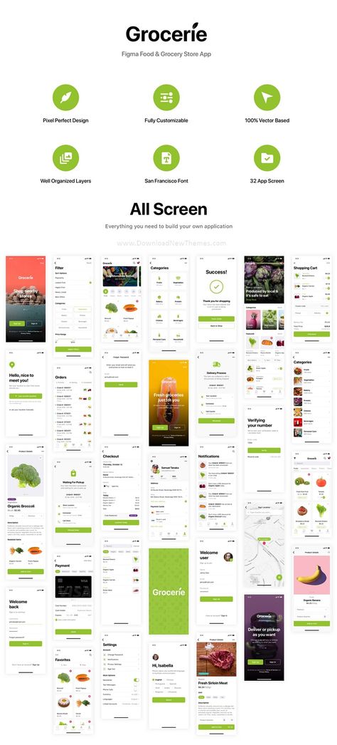 Grocerie is a clean, elegant and modern design premium figma template for any agricultural, farming and food delivery service business, grocery store professional mobile app. It contains all 32 screens in layered and organized elements to download now & live preview click on image 👆 Supermarket App, App Store Design, Desain Ux, Grocery Shopping App, Grocery Delivery App, Health Apps, App Inspiration, App Design Layout, Sketch Template