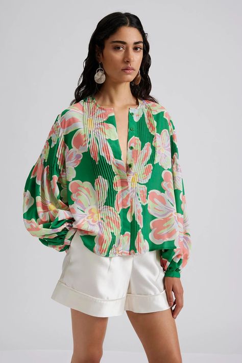 Noelle blouse - Green Lily - SUMMER 24 | Malina Green Lily, Designer Dresses Casual, Puff Long Sleeves, Pleated Blouse, Blouse Design Models, Womens Tops Summer, Designs For Dresses, Green Blouse, Green Fabric