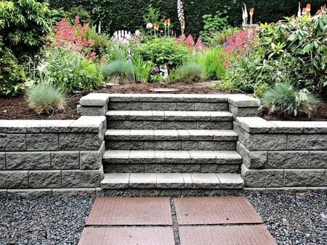 Wooden Retaining Wall, Retaining Wall Steps, Diy Retaining Wall, Retaining Wall Ideas, Backyard Retaining Walls, Retaining Wall Blocks, Garden Blocks, Building A Retaining Wall, Stone Retaining Wall