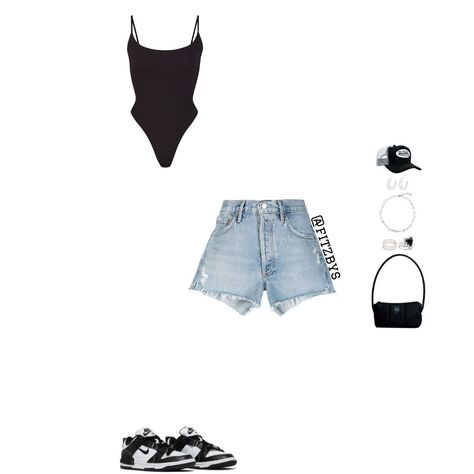 Black Bodysuit And Shorts Outfit, Nike Panda Dunks Outfit Woman Summer, Panda Dunks Outfit Black Women Summer, Skims Bodysuit Outfit Ideas, Black Bodysuit Outfit Summer, Denim Shorts Outfit Black Women, Panda Dunks Outfit Black Women, Shorts And Bodysuit Outfits, Jean Shorts Outfit Black Women