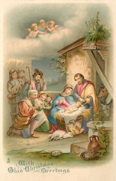 1903 Nativity image on postcard   Printed in Bavaria Štědrý Den, Vintage Holy Cards, Kartu Doa, Vintage Christmas Images, Birth Of Jesus, Old Christmas, Old Fashioned Christmas, Christmas Scenes, Victorian Christmas