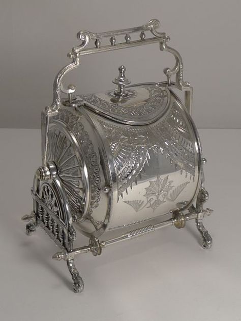 UNUSUAL SILVER PLATED ENGLISH BISCUIT BOX REGISTERED 8TH MAY 1882 Silver Plate Decor, Silver Things, Wrapping Inspiration, Biscuit Barrel, Silver Pooja Items, Gift Wrapping Inspiration, Silver Decor, Silver Tea, Silver Flatware