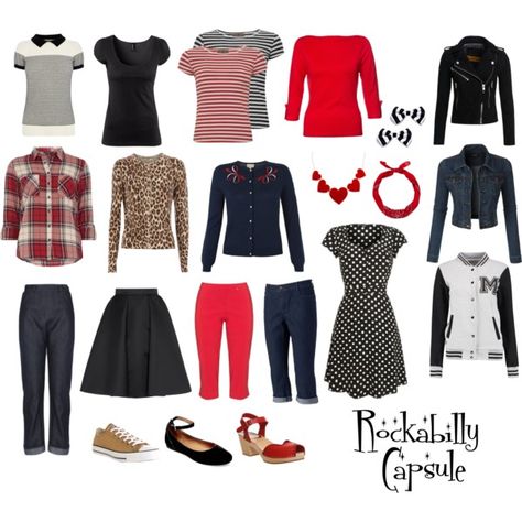 Rockabilly Capsule by christina-sparkle on Polyvore featuring mode, Dorothy Perkins, Oasis, H&M, LE3NO, Superdry, Giles, Croft & Barrow, Swedish Hasbeens and Steve Madden Vintage Capsule Wardrobe, Mode Rockabilly, Pinup Fashion, Fashion Thoughts, Rockabilly Looks, Retro Outfit, Swedish Hasbeens, Rockabilly Hair, Rockabilly Outfits