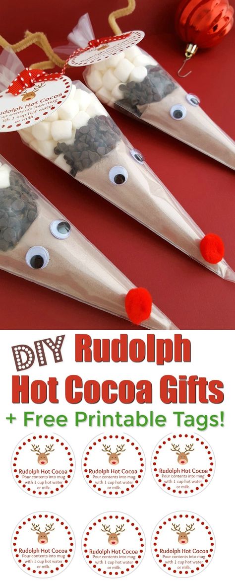 DIY Rudolph Hot Cocoa Holiday Gifts Rudolph Hot Cocoa, Rudolf Hot Chocolate Cones, Rudolph Hot Chocolate Cones, Rudolph Desserts, Hot Cocoa Gifts, Cocoa Cones, Joululahjat Diy, Reindeer Hot Chocolate, Juleverksted For Barn