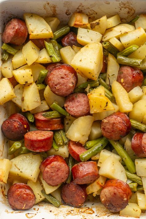 Kielbasa And Beans Recipes, Sausage And Potatoes Casserole, Potato And Green Bean Casserole, Sausage Potatoes And Green Beans, Kalbasa Recipes, Smoked Sausage And Potato Bake, Turkey Kielbasa Recipes, Kielbasa Casserole, Potato And Green Bean