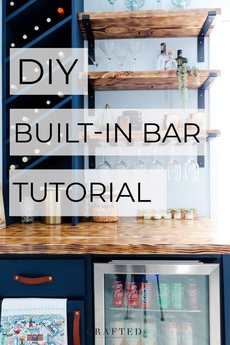 Ever wanted a built-in bar in your game room? Build one! This DIY tutorial will show you how to turn a stock cabinet from Home Depot into a custom, built-in bar. Kitchen Built In Bar Ideas, Bar In A Closet Ideas, Diy Bar Closet, Home Built In Bar Ideas, Bar Hacks Diy, Diy In Home Bar, Closet To Dry Bar, Home Bar Layout Plan, Basement Bar Diy How To Build