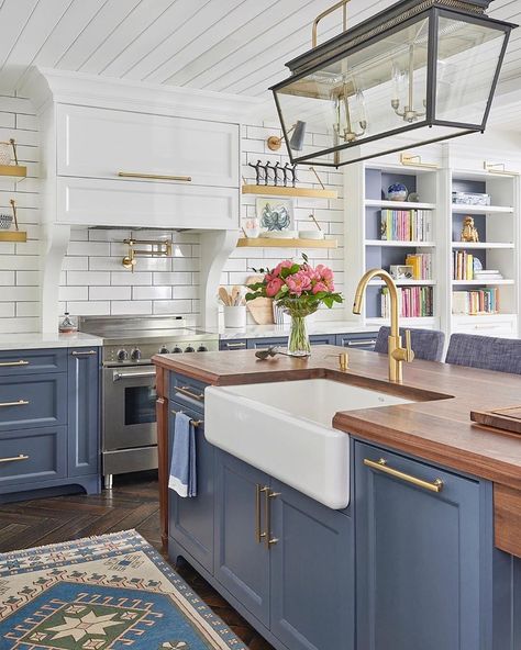 Great Kitchens!️️️ Every day! on Instagram: “Eclectic blues! Worldly traditional! I love the mixed textures and styles in this kitchen photographed by @stephanibuchmanphoto for…” Blue Kitchen Island White Cabinets, Kitchen Island Lighting Ideas, Island Lighting Ideas, Pendant Lights For Kitchen Island, Lights For Kitchen Island, Pendant Lights For Kitchen, Block Countertops, Blue Kitchen Island, Lantern Lighting