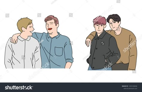 The boys are posing affectionately with their arms on their shoulders. close friend. hand drawn style vector design illustrations. #Ad , #AD, #arms#shoulders#close#boys Arm Around Shoulder Pose Drawing, Arms On Shoulder Reference, Friends With Arms Around Each Other, Hand On Someones Shoulder Drawing, Person With Arm Around Someones Shoulder, Hand On Shoulder Reference Couple, Hand Around Shoulder Reference, Hand On Shoulder Reference Pose, Arm Around Shoulder Reference Couple