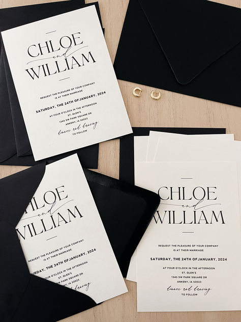 Timeless Elegance, Your Way! 🖤🤍 Our black and ivory wedding invitation suite, featuring a modern font and customizable details, sets the stage for your special day. Explore the perfect blend of sophistication and personalization. Your dream wedding starts here! 💍✨ Black And White Wedding Invitations Classy, Wedding Invite Minimalist, Wedding Invite Set, Black And White Invitations Wedding, Black Wedding Invitations Classy, Black And White Wedding Theme Classy, Black Wedding Invites, Black And White Wedding Invites, Black And Ivory Wedding