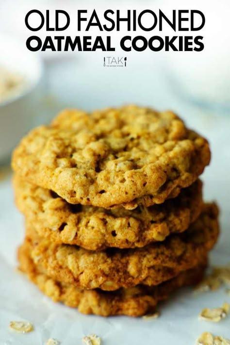 A stack of four old-fashioned oatmeal cookies. Old Fashioned Oatmeal Cookies, Oatmeal Cookies Recipes Easy, Apple Dessert Recipes Easy, Oatmeal Cookies Easy, Iced Oatmeal Cookies, Old Fashioned Oatmeal, Make From Scratch, Oatmeal Cookies Chewy, Oatmeal Cookie Recipes