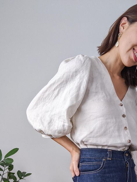 Norma Blouse - Bone Linen | Fibre Mood Linen Shirt Pattern, Linen Top Women, Linen Fashion, Handmade Wardrobe, Not Love, Diy Sewing Clothes, Elegantes Outfit, Puffy Sleeves, Linen Blouse