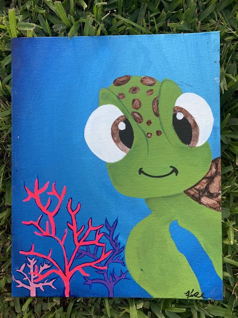 Will You Be My Girlfriend Painting, Turtle Painting Easy, Sea Turtle Painting, Animal Paintings Acrylic, Cute Easy Paintings, Painted Canvases, Children Drawing, Cute Painting, Cartoon Turtle