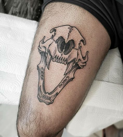 Feline Skull Tattoo, Cat Jaw Bone Tattoo, Animal Skull Knee Tattoo, Bear Skeleton Tattoo, Sabertooth Tiger Skull Tattoo, Coyote Skull Tattoo, Paleontology Tattoo, Animal Bones Tattoo, Bat Skull Tattoo