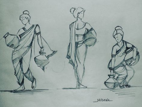 Composition Figure Drawing, Human Figure Drawing Easy, Memory Drawing Figures, Easy Human Figure Drawing, Human Composition Drawing, Easy Figure Drawing, Aalekhan Drawing, Memory Sketch, Human Composition