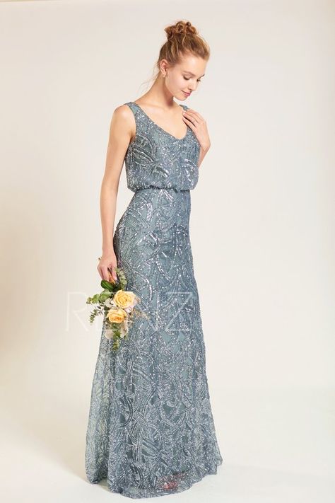 Sequin Dress Wedding, V Neck Sequin Dress, Bridesmaid Dress Blue, Different Bridesmaid Dresses, Dusty Blue Dress, Pretty Bridesmaid Dresses, How To Dress For A Wedding, Wedding Bridesmaids Dresses Blue, Sequin Bridesmaid